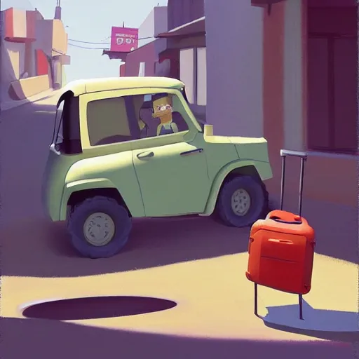 Prompt: goro fujita ilustration off - road car with luggage on a street in a town, painting by goro fujita, sharp focus, highly detailed, artstation