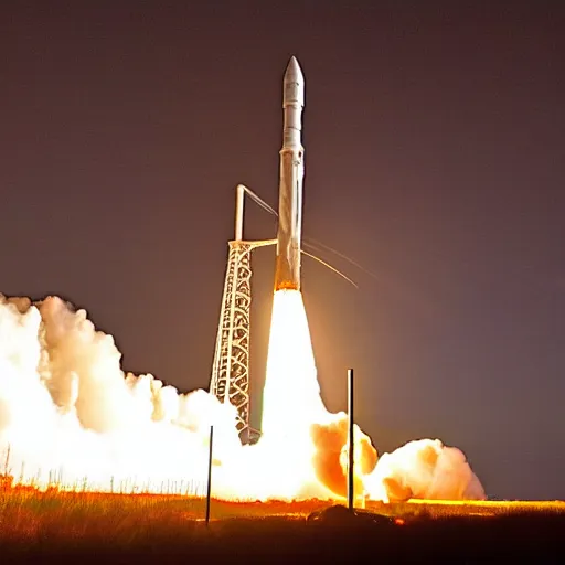 Prompt: Nighttime launch of the Space Launch System from LC-39B at Kennedy Space Center, 2025