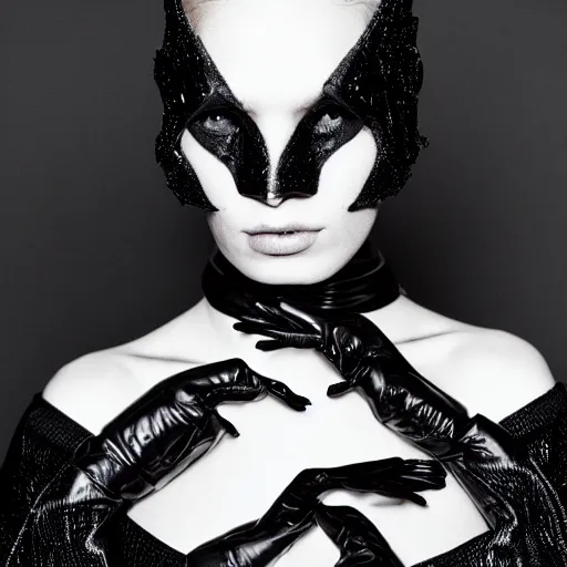 Image similar to fashion photography of an extraterrestrial model, wearing a black mask, wearing demobaza fashion, inside berghain, berlin fashion, harness, futuristic fashion, dark minimal outfit, photo 3 5 mm leica, hyperdetail, berghain, 8 k, very detailed, photo by nick knight