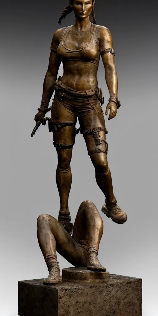 Image similar to detailed photo of an old bronze patina statue of beautiful lara croft, full body portrait, photorealism, various poses, intricate detail, museum diffuse lighting