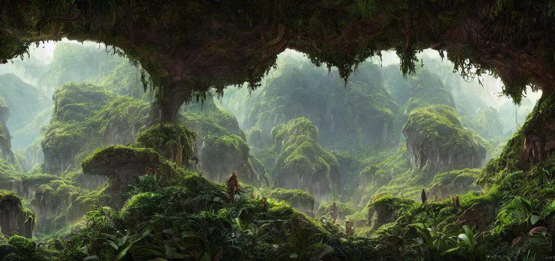 Image similar to the lost valley, rock arcs, lush vegetation, exotic forrest and plants, landscape, alex ross, eddie mendoza, raphael lacoste, sebastian ludke, concept art, matte painting, highly detailed, rule of thirds, dynamic lighting, cinematic, detailed, magnificiant landscape, denoised, centerd