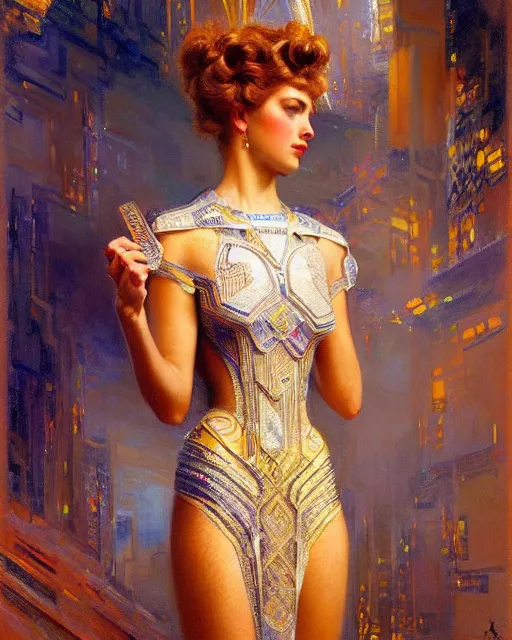 Image similar to an attractive model wearing a futuristic dress surrounded by intricate geometric patterns. highly detailed painting by gaston bussiere, craig mullins, j. c. leyendecker 8 k