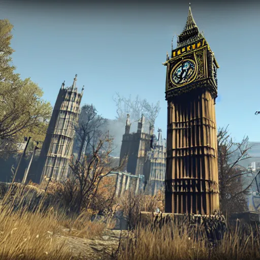 Image similar to The ruins of Big Ben, screenshot from Fallout 4