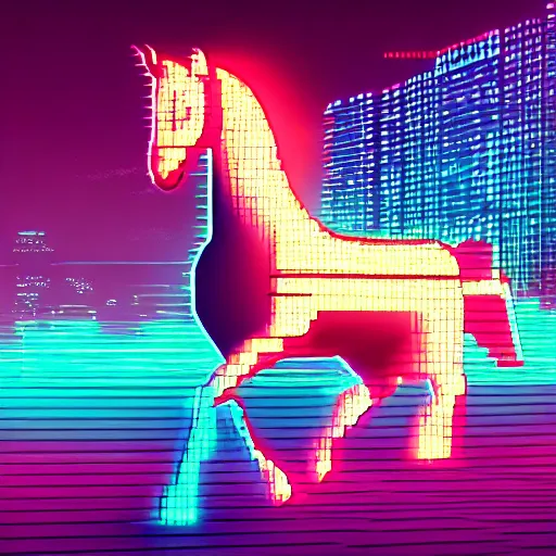 Image similar to A synthwave horse inspired by Tron. Trending on Artstation. Digital screenshot. Faded film grain. 1980s Computer Graphics