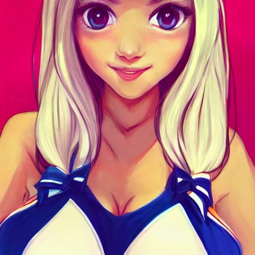 Image similar to very very very beautiful cheerleader, making eye contact, smiling, flirty, perfect body, perfect face, drawn by artgerm