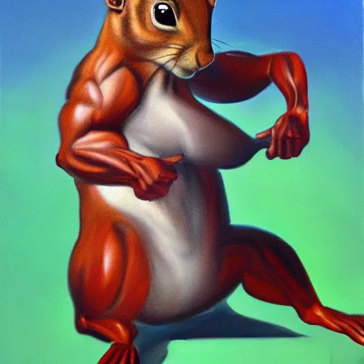 Image similar to oil painting of a muscular!!!! squirrel with bulging!! human!! biceps!!!!, 8 k, high quality