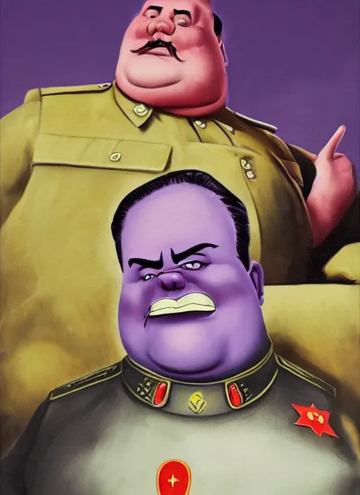 Image similar to grimace ( obese purple guy ) on a soviet russian propaganda poster, illustration, airbrush, joseph stalin, detailed oil painting by greg rutkowski