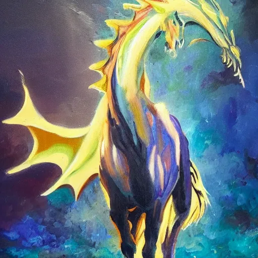 Prompt: oil painting horses mixed with dragon at night backlit