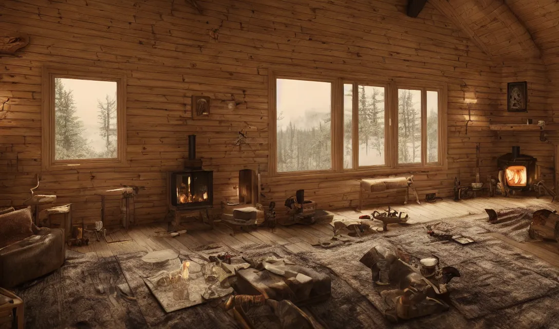 Prompt: cozy interior of a hunting cabin, fireplace, ascher clemens, home, interior, octane render, deviantart, greg rutkowski, cinematic, key art, hyperrealism, canon eos c 3 0 0, ƒ 1. 8, 3 5 mm, 8 k, medium - format print