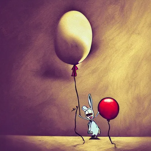 Prompt: grunge painting of bug bunny with a wide smile and a red balloon by tim burton, loony toons style, pennywise style, corpse bride style, rick and morty style, creepy lighting, horror theme, detailed, elegant, intricate, conceptual, volumetric light