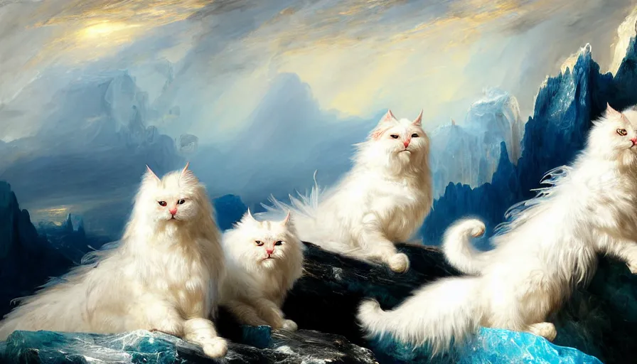 Image similar to highly detailed painting of white giant griffon cat bears with large feathered wings on a blue and white iceberg by william turner, by greg rutkowski, by william constable, thick brush strokes and visible paint layers, 4 k resolution