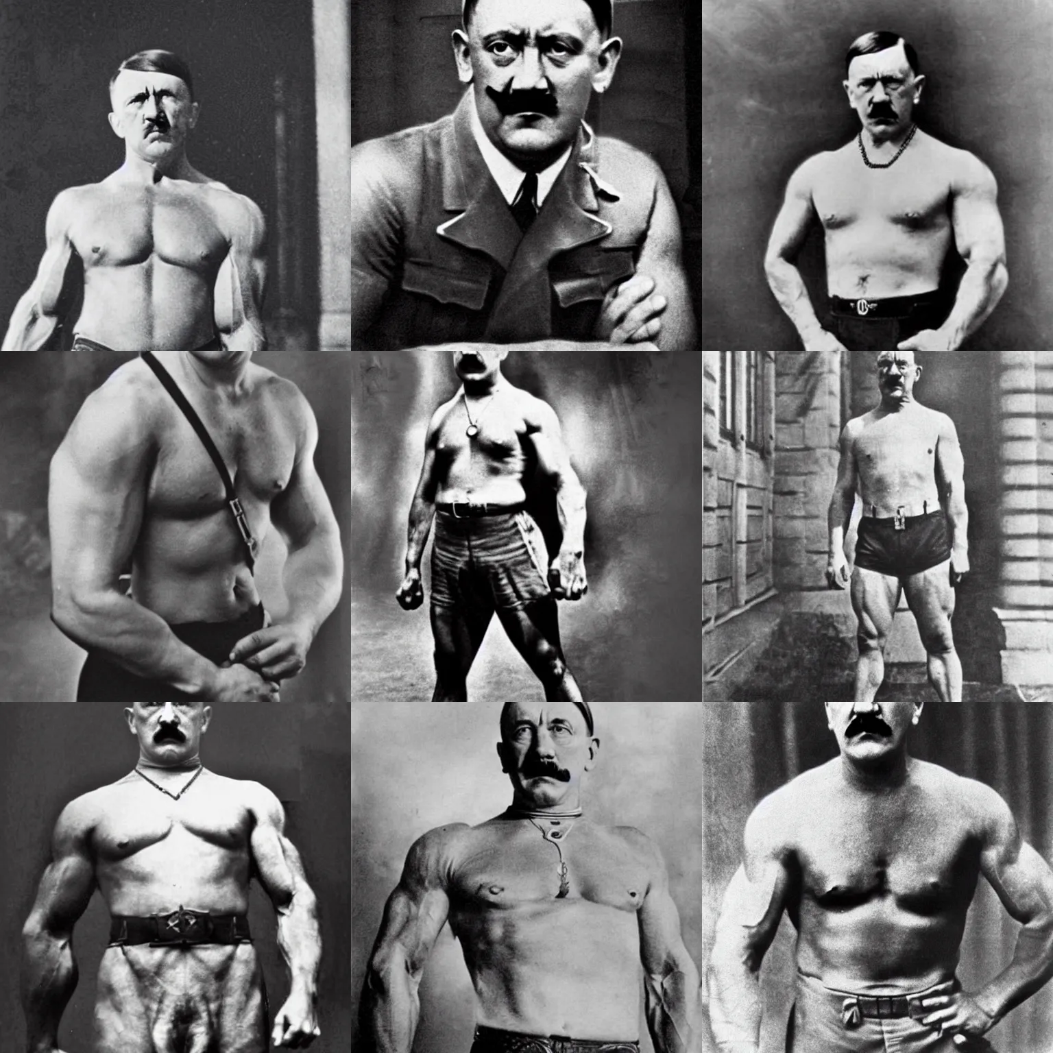 Prompt: adolf hitler, extremely muscular, muscles, photograph