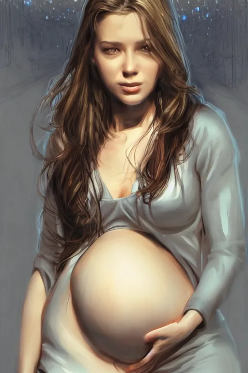Image similar to pregnant woman under street light, highly detailed, sharp focused, ultra realistic digital concept art by Stanley Artgerm