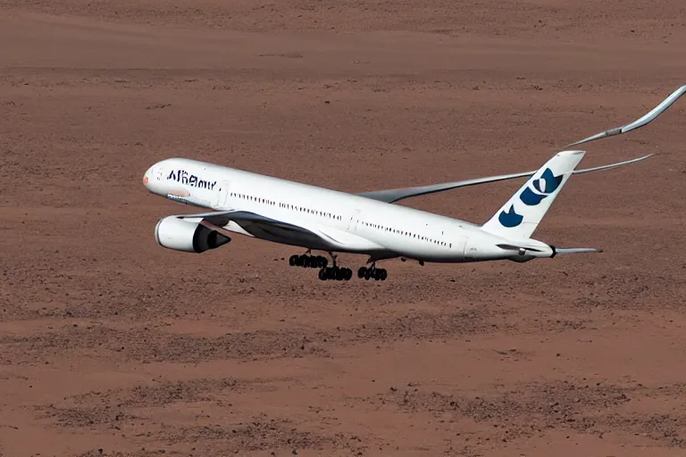 Prompt: “Airbus a350 plane taking off from Mars, 50mm”