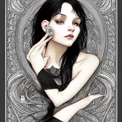 Image similar to a photograpic portrait of a anthropomorphic mouse wearing black clothes, black hair, grey skin, grey mouse ears, fantasy, intricate, elegant, highly detailed, digital painting, artstation, smooth, sharp focus, illustration, art by artgerm and H R Giger and alphonse mucha