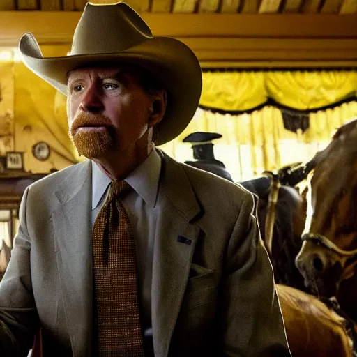 Prompt: Joe Biden as a Cowboy, gritty, sharp detail, epic, dramatic, western, yellow tint, cigar, movie still, serious,