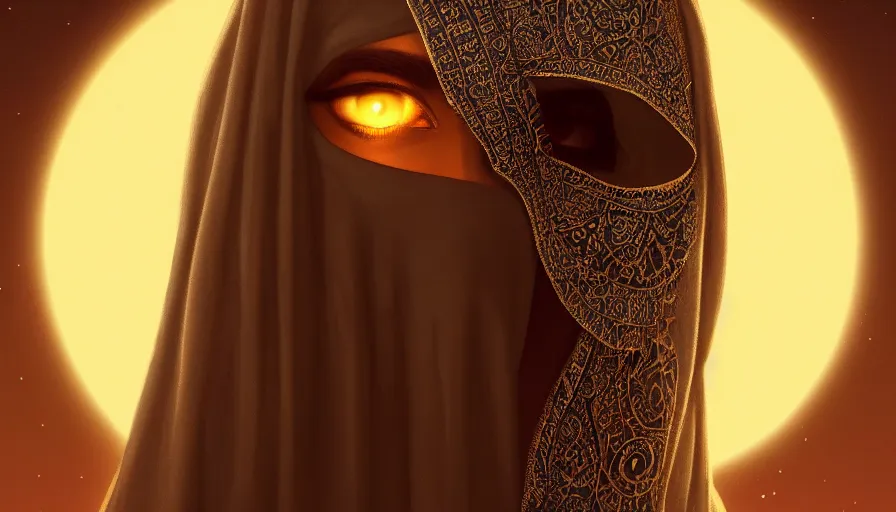 Prompt: Portrait of very very very very very very beautiful Arab woman wearing a burqa, glowing gold eyes, under giant full moon in the desert, intricate, elegant, highly detailed, digital painting, artstation, concept art, smooth, sharp focus, illustration, greg rutkowski, artgerm, alphonse mucha, masterpiece