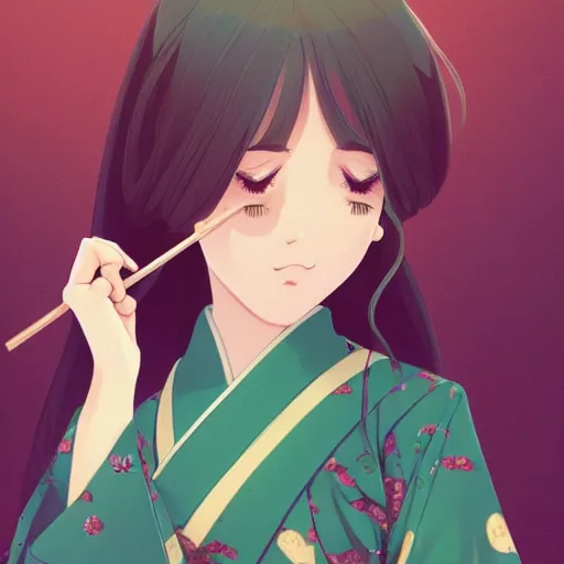 Prompt: a beautiful woman with long dark brown hair and green eyes wearing a kimono while eating dango, japanese street landscape, 4k, anime key visual, lois van baarle, ilya kuvshinov, rossdraws, artstation