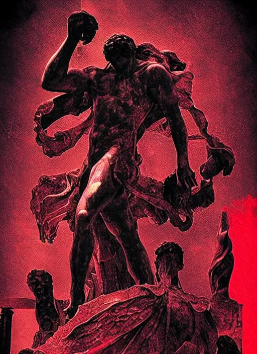 Image similar to dark design poster showing a statue of the greek gods, black background with very subtle red and purple design elements, powerful, nekro, vito acconci, thin straight lines, dark, glitch art, neo vaporwave, gritty, layout frame, square, trending on artstation