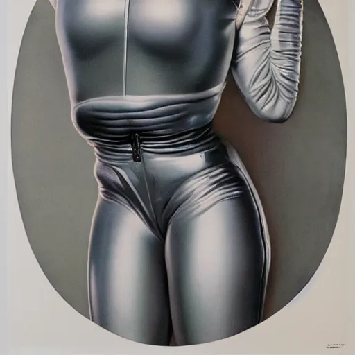 Prompt: beautiful Whitley Streiber Roswell grey alien female babe in a tight fitting spacesuit, glass transparent helmet, big black almond shaped alien eyes by Mort Kunstler and Gil Elvgren