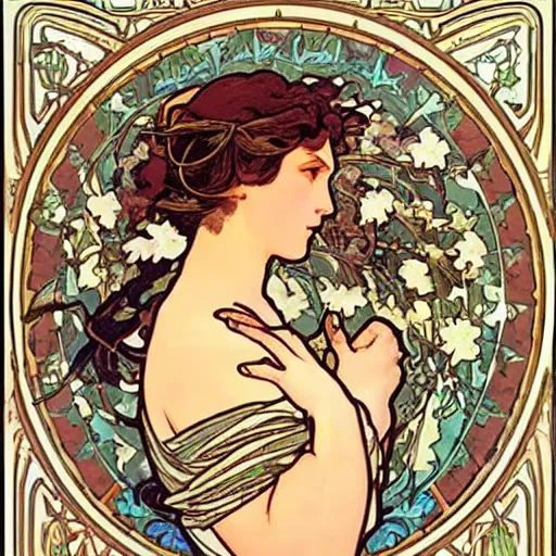 Prompt: Persephone in profile, by Alphonse Mucha, floral border, very beautiful