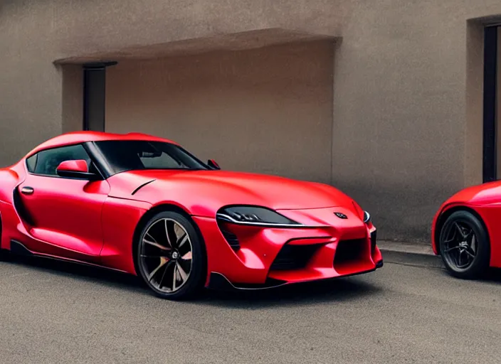 Prompt: Cannon photo of red Toyota supra made in 2022 front sideview parked on street