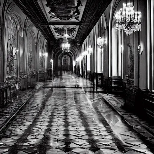 Image similar to a beautiful victorian woman is frightened by her doppleganger in a mirror. she is in a long hallway of mirrors. victorian interior, with many mirrors, twins, elegant design, haunting atmosphere, dark lighting, gothic, horror style, scary, swirling fog, volumetric lighting, by greg rutkowski, realistic, dutch angle, 3 / 4 view.