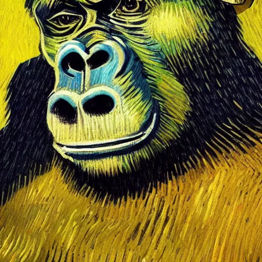 Prompt: a van gogh painting of a gorilla wearing a top hat, 4 k, hyper realistic, dslr, landscape, high resolution