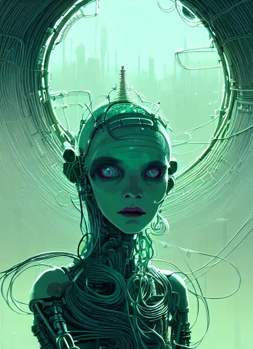 Image similar to highly detailed portrait of a biopunk long curly white hair tribal lady, stray wiring by atey ghailan, james gilleard, by joe fenton, by greg rutkowski, by greg tocchini, by kaethe butcher, 4 k resolution, gradient green, black and white color scheme!!! ( ( irradiated robotic spire landscape background ) )