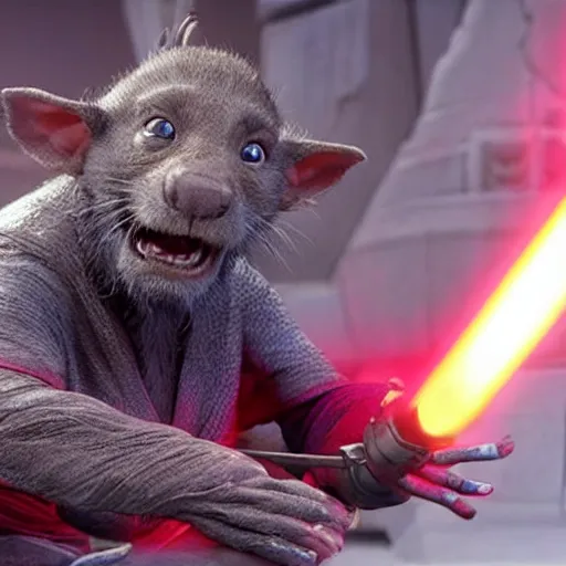 Image similar to a film still of master splinter during his training to become a jedi realistic, detailed