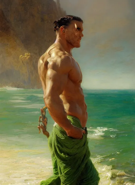 Image similar to detailed cinematic wide shot of muscular attractive young aztecc man beard slim face symmetrical face tanskin green eyes white hair wearing sea clothes, ultra realistic, spring light, painting by gaston bussiere, craig mullins, j. c. leyendecker