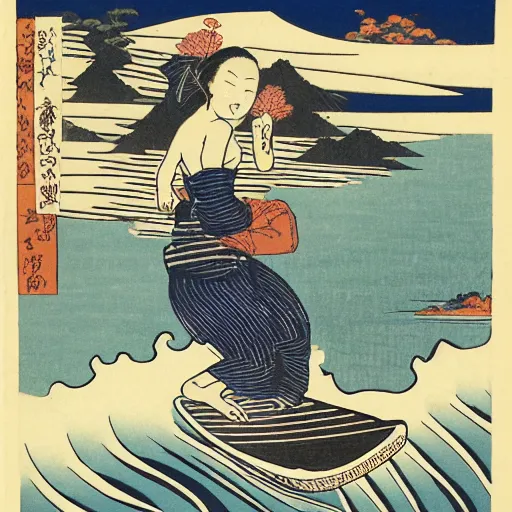 Image similar to girl surfing, woodblock print, style of hokusai, fine art, style of kanagawa, painting