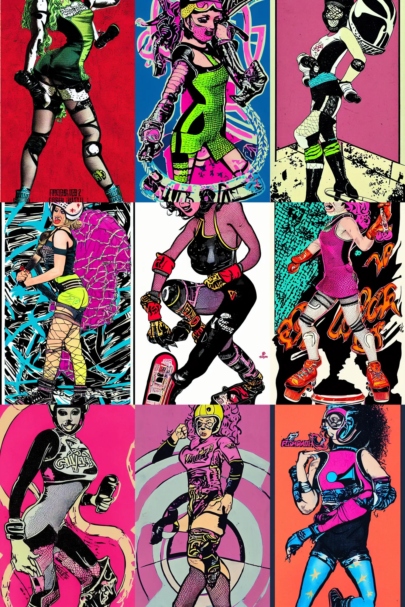 Prompt: roller derby girl, full length portrait, logo, wearing skating helmet, wearing torn fishnet tights, showing victory, Philippe Caza, 2 colour print