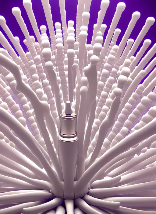 Prompt: perfume bottle standing in the center of a biomechanical white enchanted coral reef made of daisies in an ivory room well contoured smooth fair walls, up close shot, sharp focus, global illumination, radiant light, alexandre ferra white mecha, irakli nadar, octane highly render, 4 k, ultra hd,