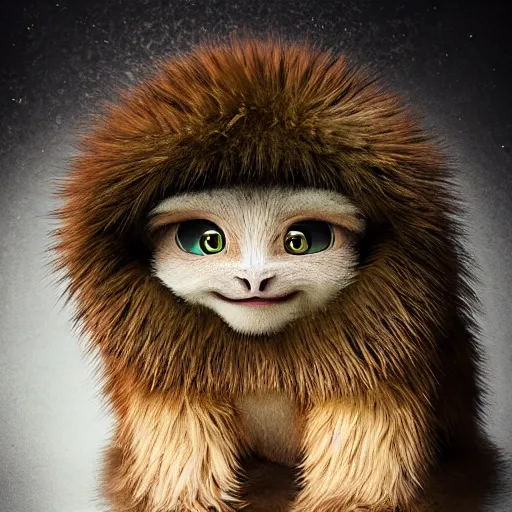 Prompt: a cute little monster with very long fur, portrait, pixar style, forest background, cinematic lighting, award winning creature portrait photography