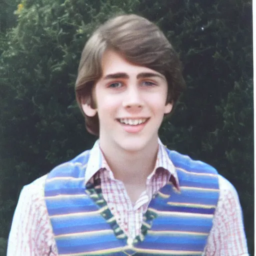 Prompt: a color photograph of a very handsome young guy in 1 9 7 8, he is at college