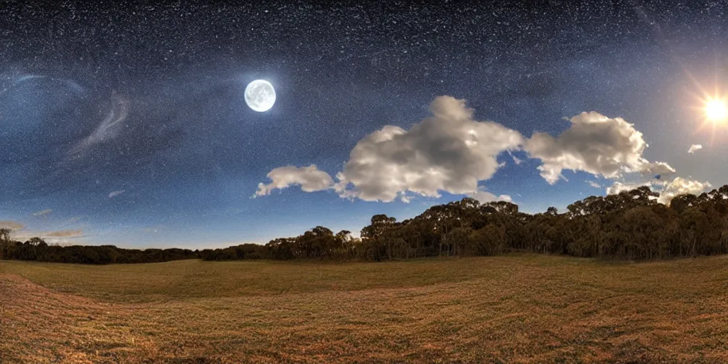 Image similar to skybox clear winter sky with puffy clouds, stars, moon, exr, hdri, polyhaven