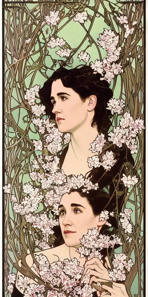 Prompt: realistic detailed Art Nouveau lithograph front-facing portrait of Jennifer Connelly surrounded by blossoming magnolia branches by Alphonse Mucha and Mark Brooks with elaborate frame border