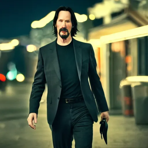Image similar to a still of Keanu Reeves. Shallow depth of field. City at night in background, lights, colors ,studio lighting, mood, 4K. Profession photography