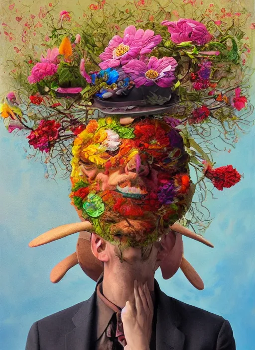 Prompt: a painting of a man with a strange hat on his head, a surrealist painting by Szymon Kot, behance contest winner, metaphysical painting, made of flowers, oil on canvas, detailed painting