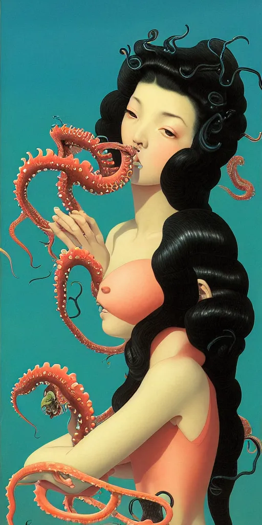 Prompt: portrait of the kawaii ammonite supermodel girl with wet black hair clad in branching coral armor biting into a juicy squid snack, by mark ryden, kawase hasui, dorothea tanning, moebius, edward hopper and james gilleard, aivazovsky, zdzislaw beksinski, steven outram, colorful iridescent and playful