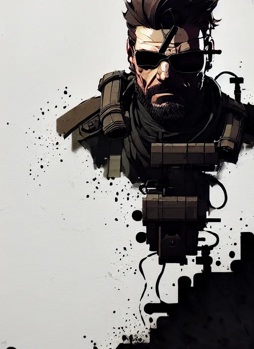 Prompt: highly detailed closeup of a moody solid snake mgs in codek by atey ghailan, by greg rutkowski, by greg tocchini, by james gilleard, by joe fenton, by kaethe butcher, by yoji shinkawa, gradient blue, black, brown and white color scheme muted tones, grunge aesthetic!!! white graffiti tag wall background