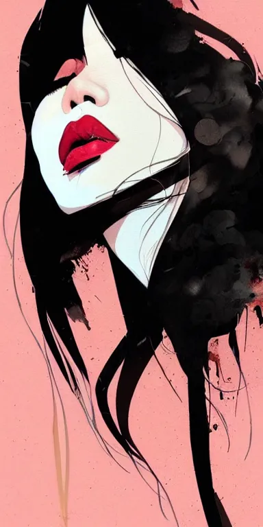 Image similar to profile side view of the lips of a young filipino woman, smoke is coming from her mouth, surrounded by thick swirling smoke, by conrad roset, long paint brush strokes, dramatic lighting, abstract painting trending on artstation