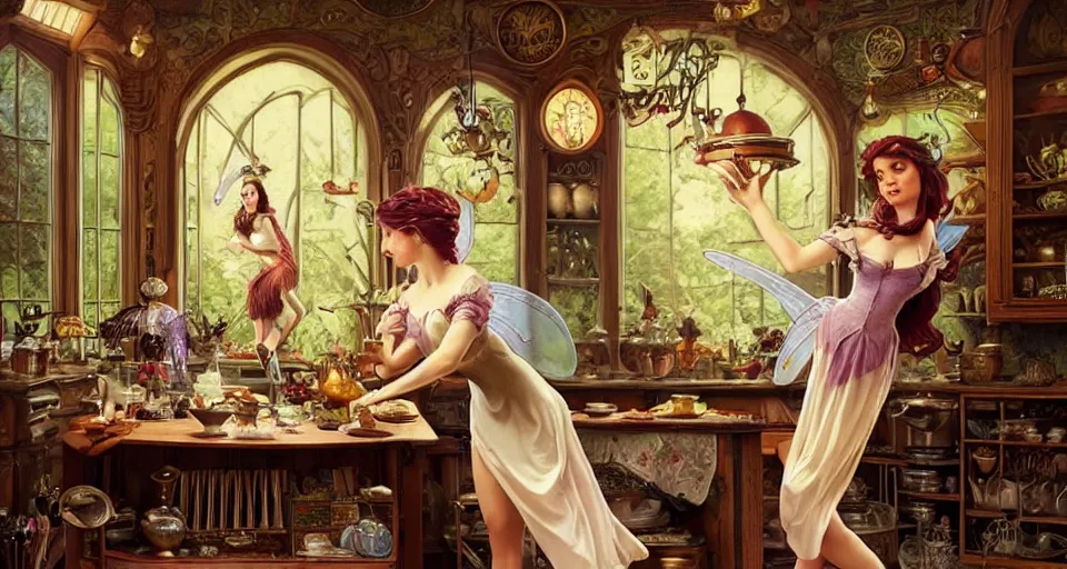 Image similar to a mid - shot of a fairy in a vintage magical kitchen, with one vintage book on a table, with a fireplace in the background d & d, fantasy, intricate, elegant, highly detailed, digital painting, artstation, concept art, smooth, sharp focus, illustration, art by artgerm and greg rutkowski and alphonse mucha