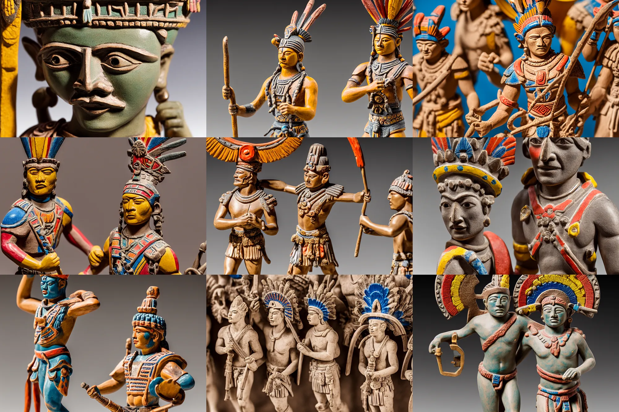 Prompt: a colored porcelain statuette of an Aztec warrior, in the center of the frame, amazing craftsmanship, Tamron SP 90mm F/2.8 Di VC USD Macro