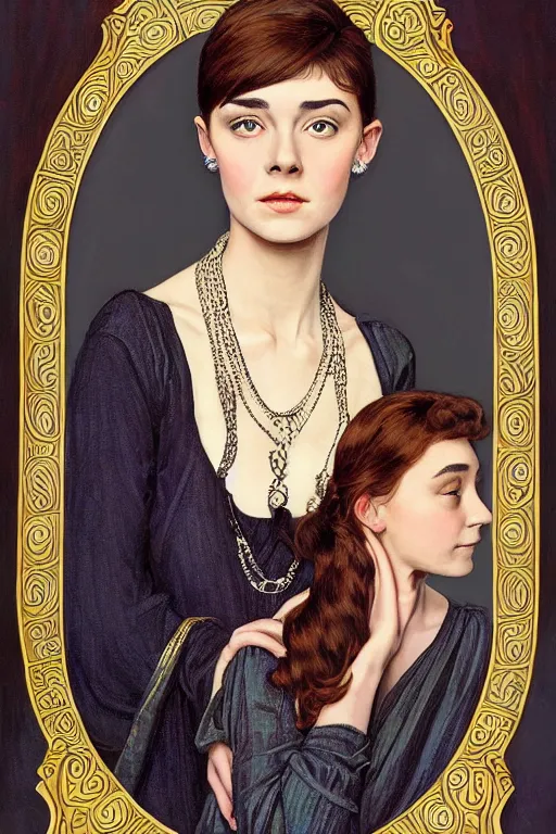 Image similar to a full body art nouveau portrait of a 16-year old sun goddess who resembles Audrey Hepburn and Saoirse Ronan with a worried, intense gaze and slightly opened mouth, ornate intricate iridescent mother-of-pearl jewelry, intricate, elegant, highly detailed, digital painting, artstation, concept art, smooth, sharp focus, illustration, art by John William Waterhouse and Bouguereau and Donato Giancola and alphonse mucha