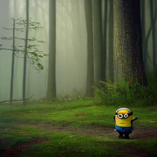 Image similar to sad minion in misty forest scene, the sun shining through the trees