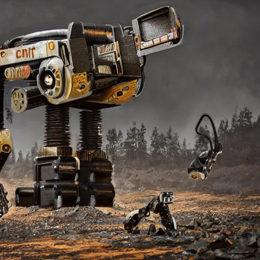 Image similar to giant scary quadrupedal mining robot with drill, four legs, highly detailed body, retro, industrial, dark, dystopian, apocalyptic, clean, in the style of simon stalenhag, 8 5 mm f / 1. 4