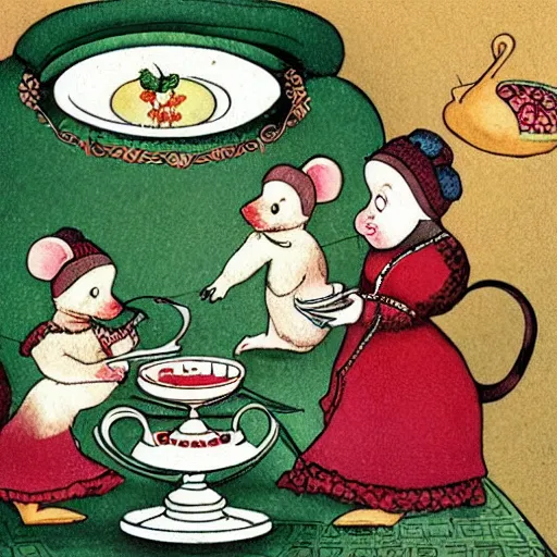 Prompt: russian mouse drinks tea from samovar with her little children, children book illustration