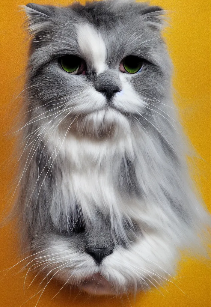 Image similar to longhair floof fluffy coiffed groom elegant gorgeously cfa champion cute pretty scottish fold cat, radiant sigma 3 5 mm f / 8 detailed painting, grisaille dark monochrome with neon fluorescent color airbrush spraypaint accents, by jules julien, wes anderson, lisa frank, octane render 4 k